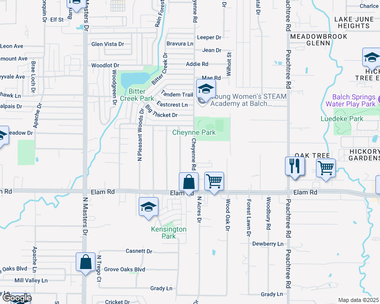 map of restaurants, bars, coffee shops, grocery stores, and more near 628 Cheyenne Road in Dallas