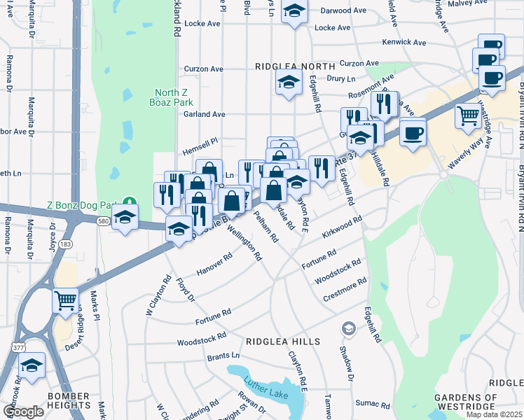 map of restaurants, bars, coffee shops, grocery stores, and more near 6617 Camp Bowie Boulevard in Fort Worth