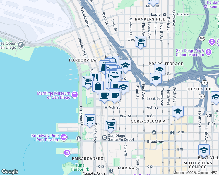 map of restaurants, bars, coffee shops, grocery stores, and more near 1601 Kettner Boulevard in San Diego