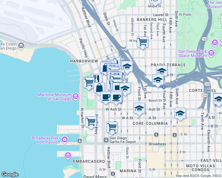 map of restaurants, bars, coffee shops, grocery stores, and more near 1601 Kettner Boulevard in San Diego
