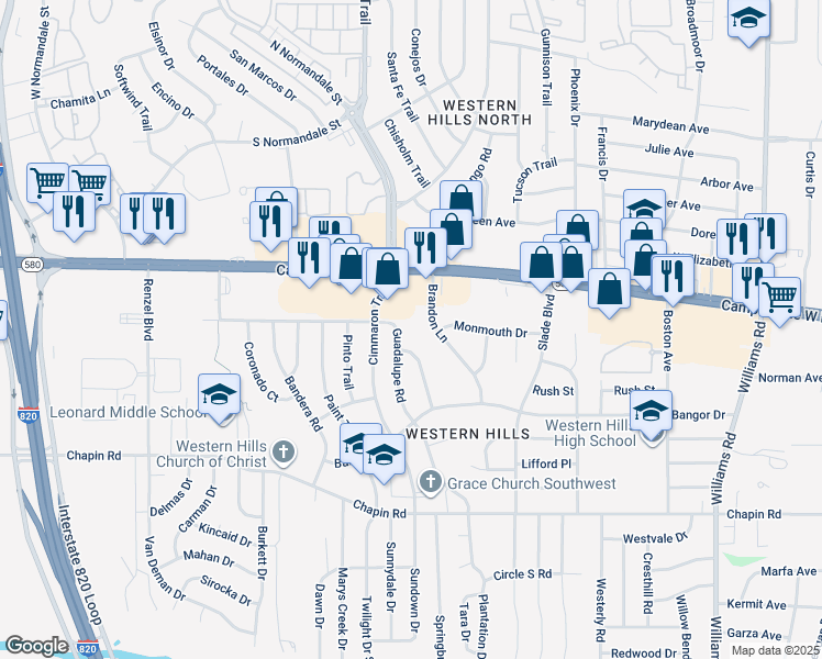 map of restaurants, bars, coffee shops, grocery stores, and more near 3432 Brandon Lane in Fort Worth