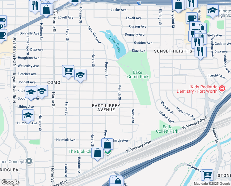 map of restaurants, bars, coffee shops, grocery stores, and more near 5209 Kilpatrick Avenue in Fort Worth