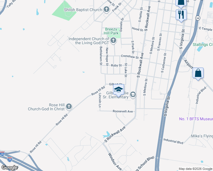 map of restaurants, bars, coffee shops, grocery stores, and more near 729 Gilbert Street in Terrell