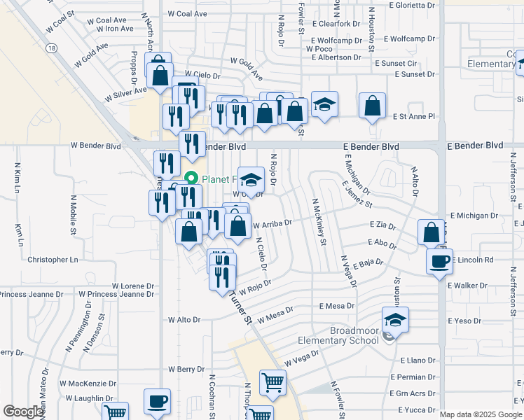map of restaurants, bars, coffee shops, grocery stores, and more near 2020 North Adobe Drive in Hobbs