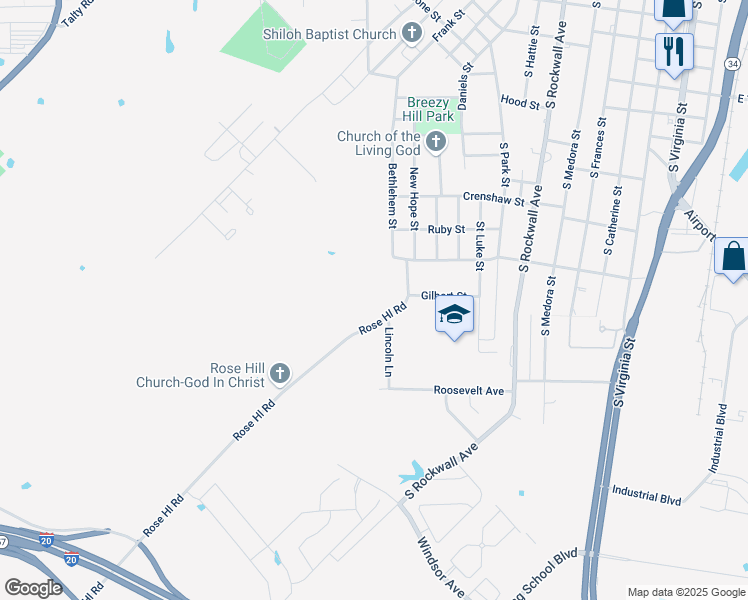 map of restaurants, bars, coffee shops, grocery stores, and more near 1100 Rosehill Road in Terrell