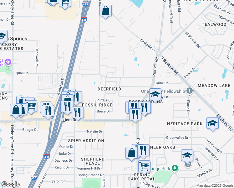 map of restaurants, bars, coffee shops, grocery stores, and more near 3416 Knoll Tr in Balch Springs
