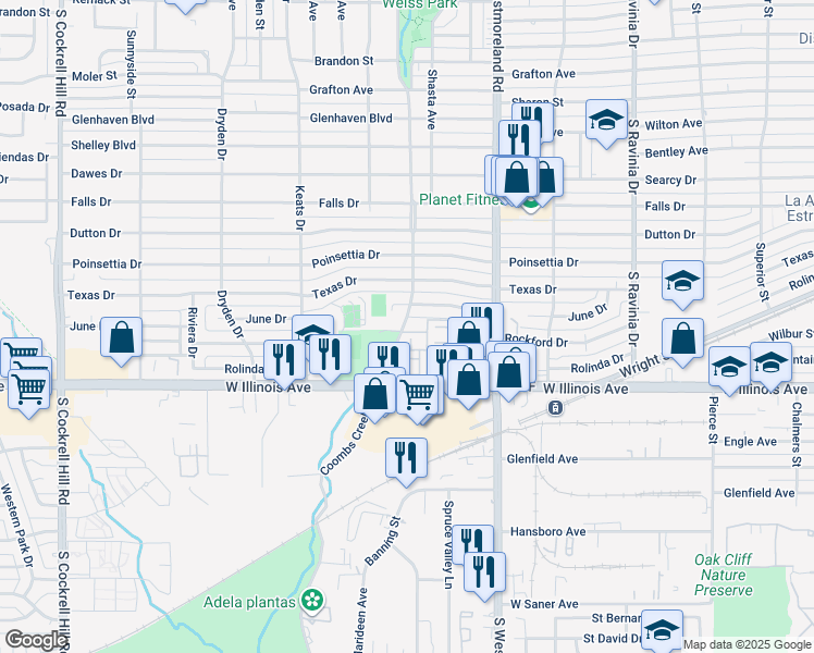 map of restaurants, bars, coffee shops, grocery stores, and more near 2316 Coombs Creek Drive in Dallas