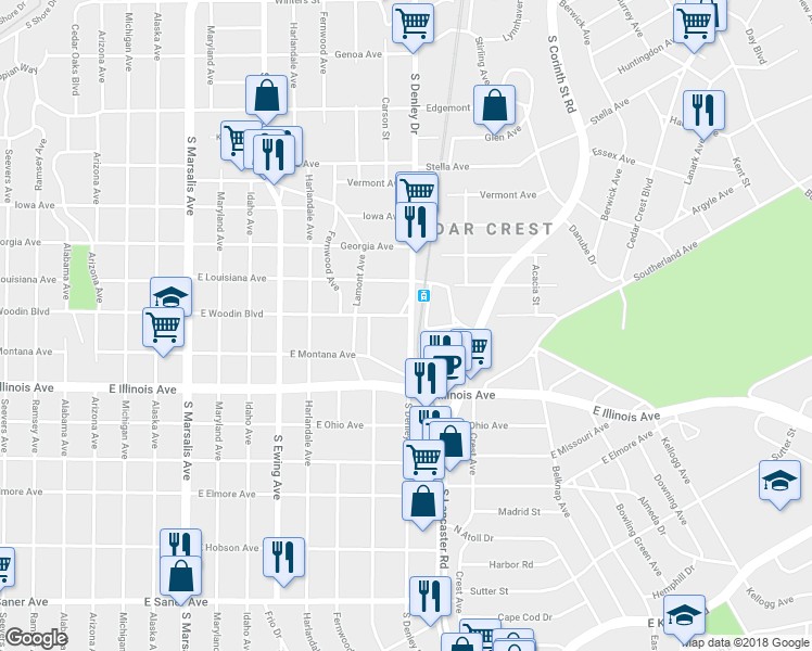 map of restaurants, bars, coffee shops, grocery stores, and more near 2105 South Denley Drive in Dallas