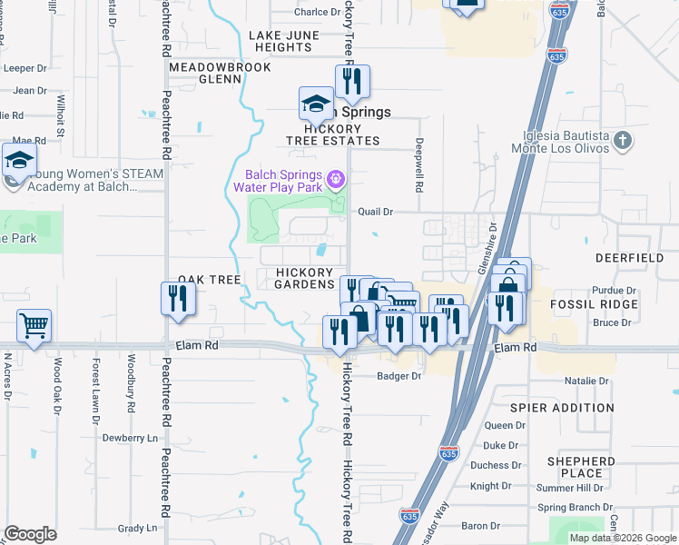 map of restaurants, bars, coffee shops, grocery stores, and more near 11825 Hickory Garden Drive in Balch Springs