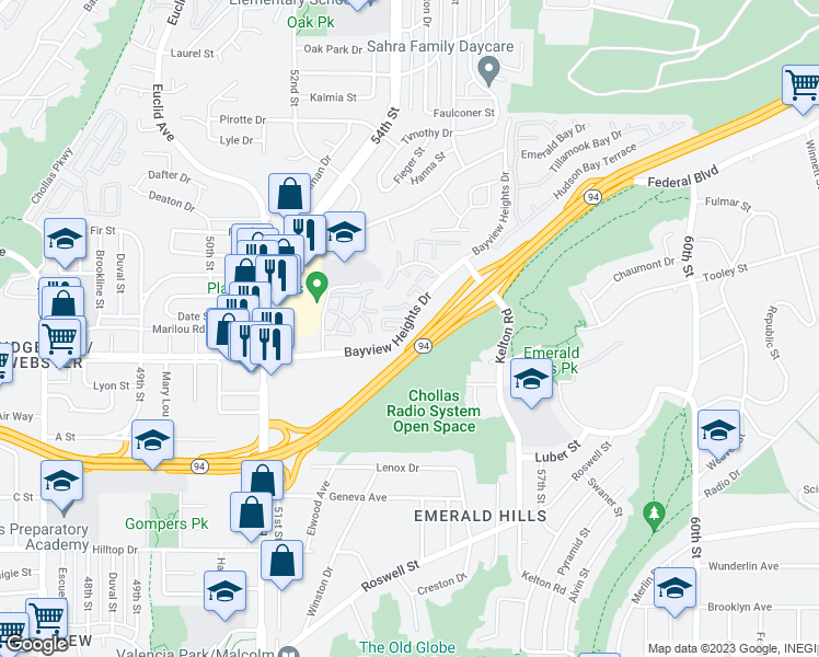 map of restaurants, bars, coffee shops, grocery stores, and more near 11 Bayview Heights Drive in San Diego