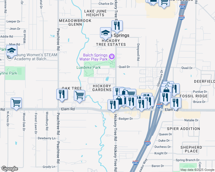 map of restaurants, bars, coffee shops, grocery stores, and more near 11809 Hickory Garden Drive in Balch Springs