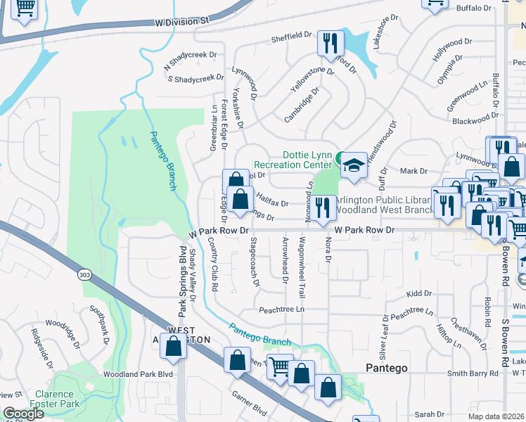 map of restaurants, bars, coffee shops, grocery stores, and more near 3511 Hastings Drive in Arlington