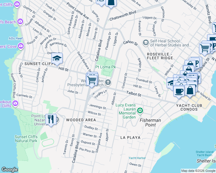 map of restaurants, bars, coffee shops, grocery stores, and more near 3598 Talbot Street in San Diego
