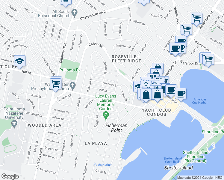 map of restaurants, bars, coffee shops, grocery stores, and more near 3320 Hill Street in San Diego