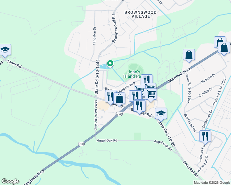 map of restaurants, bars, coffee shops, grocery stores, and more near 1770 Bozo Lane in Johns Island