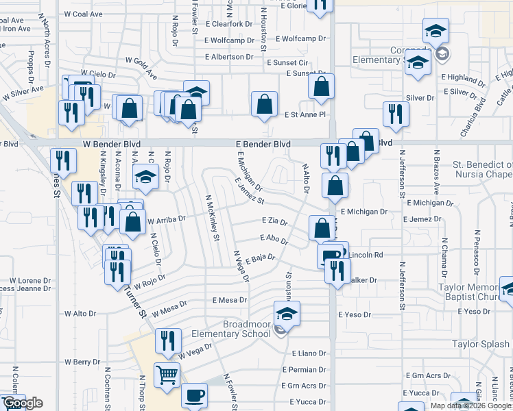 map of restaurants, bars, coffee shops, grocery stores, and more near 501 East Jemez Street in Hobbs