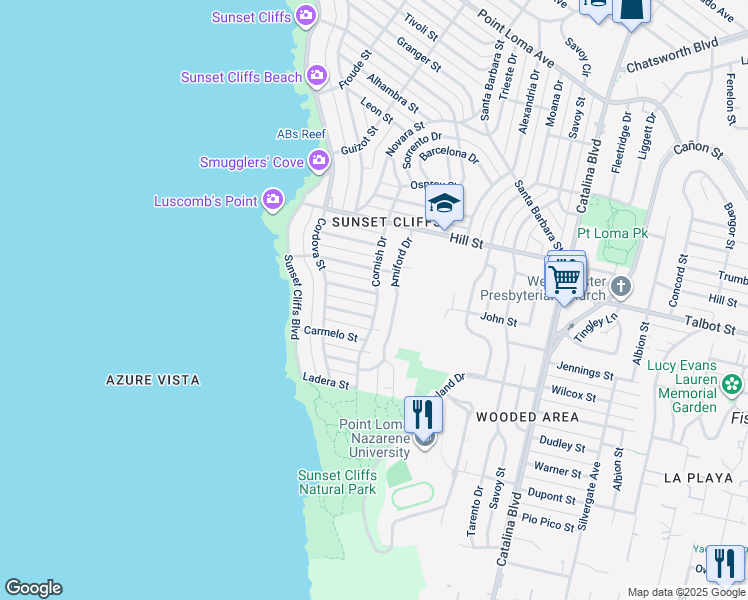 map of restaurants, bars, coffee shops, grocery stores, and more near 850 Cornish Drive in San Diego