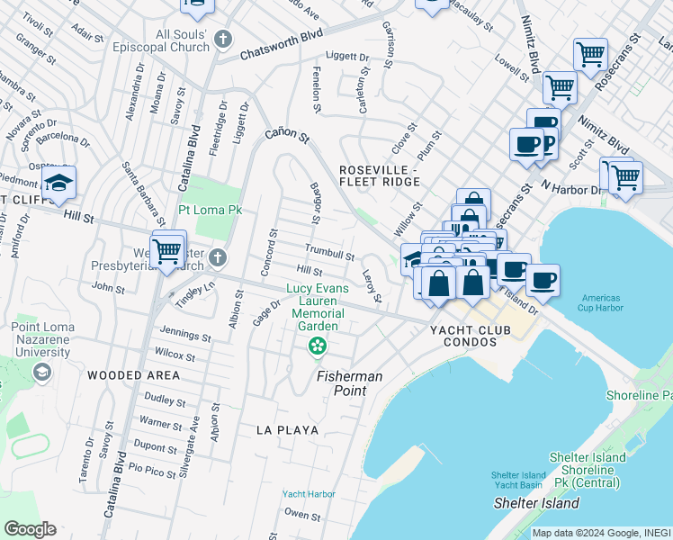 map of restaurants, bars, coffee shops, grocery stores, and more near 3320 Hill Street in San Diego