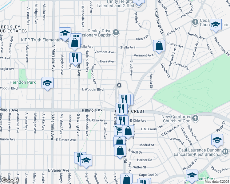 map of restaurants, bars, coffee shops, grocery stores, and more near 2105 South Denley Drive in Dallas