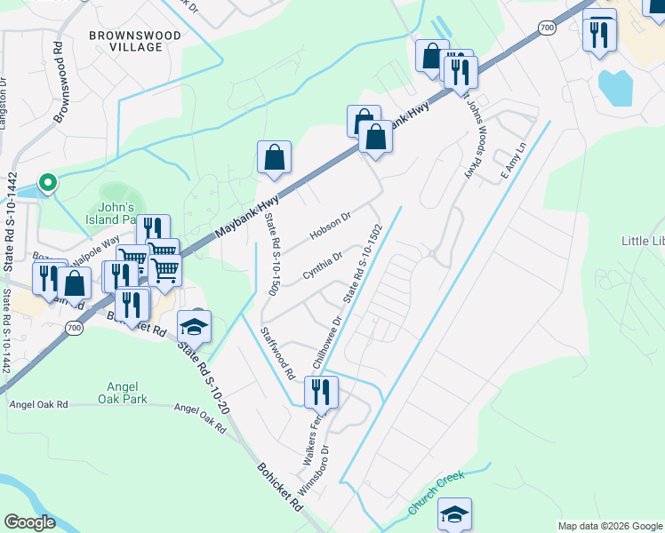 map of restaurants, bars, coffee shops, grocery stores, and more near 3451 Cynthia Drive in Johns Island