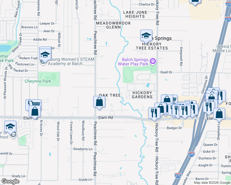 map of restaurants, bars, coffee shops, grocery stores, and more near 11517 Oak Tree Road in Balch Springs