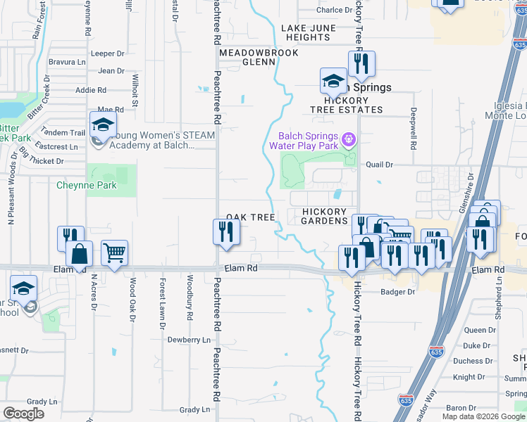map of restaurants, bars, coffee shops, grocery stores, and more near 11517 Oak Tree Road in Balch Springs