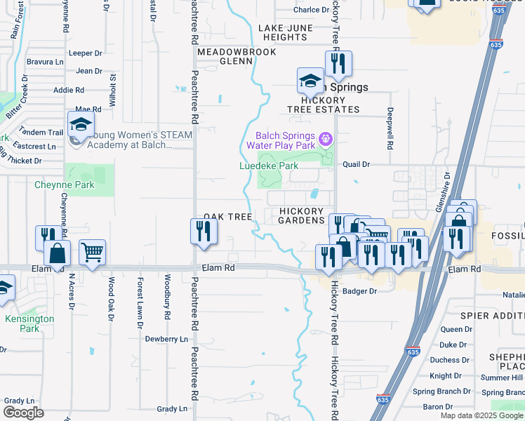 map of restaurants, bars, coffee shops, grocery stores, and more near 11609 Oak Tree Road in Balch Springs