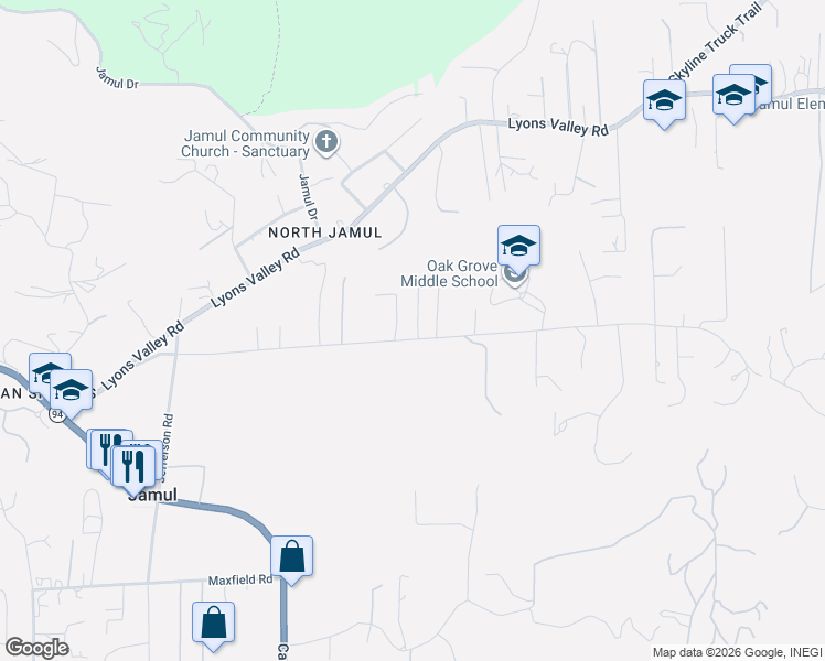 map of restaurants, bars, coffee shops, grocery stores, and more near 14206 Olive Vista Drive in Jamul