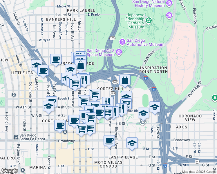 map of restaurants, bars, coffee shops, grocery stores, and more near in San Diego