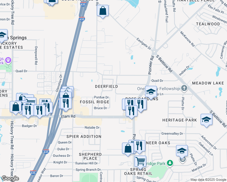 map of restaurants, bars, coffee shops, grocery stores, and more near 3416 Knoll Tr in Balch Springs