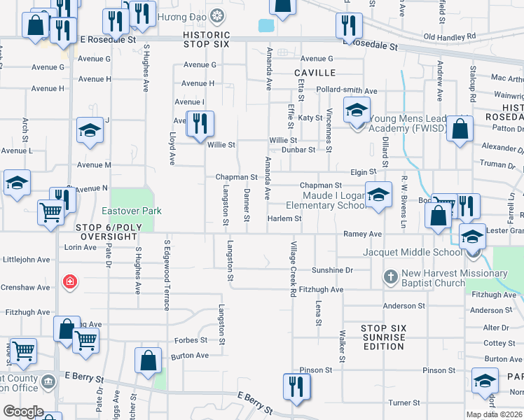 map of restaurants, bars, coffee shops, grocery stores, and more near 2055 Danner Street in Fort Worth