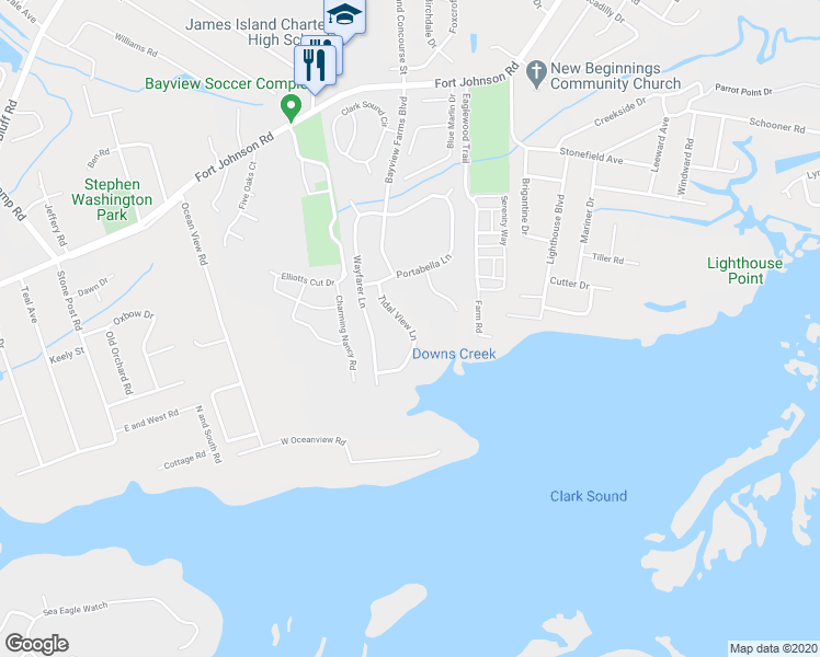 map of restaurants, bars, coffee shops, grocery stores, and more near 1131 Tidal View Lane in Charleston