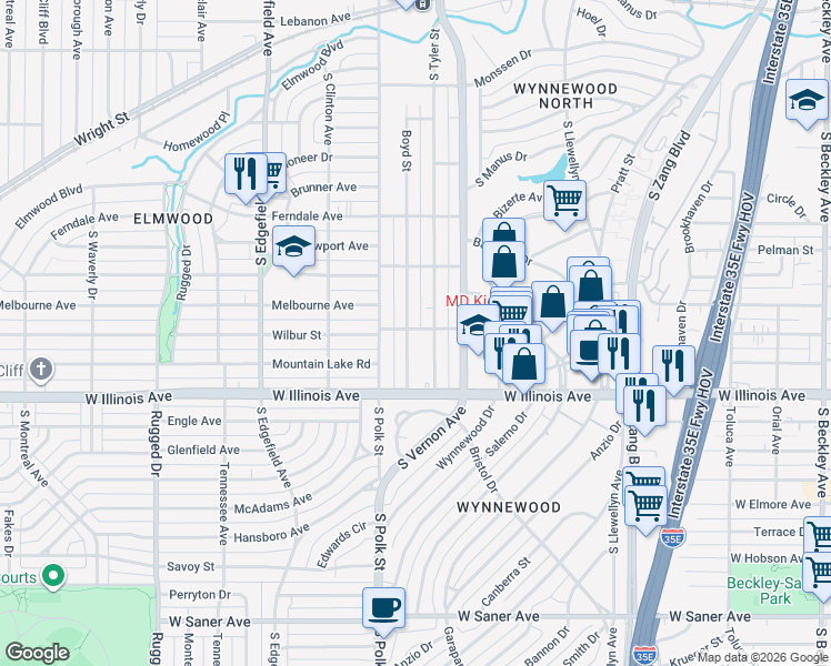 map of restaurants, bars, coffee shops, grocery stores, and more near 2400 Boyd Street in Dallas