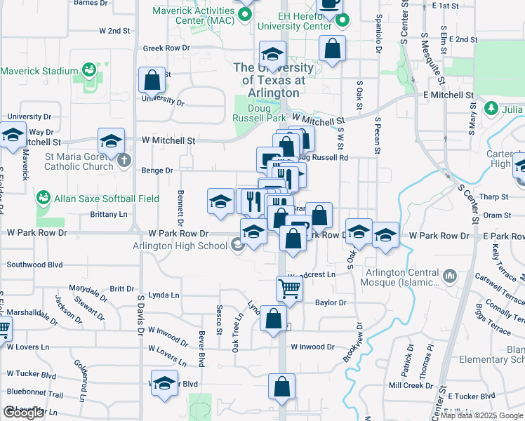map of restaurants, bars, coffee shops, grocery stores, and more near 709 Grand Court in Arlington
