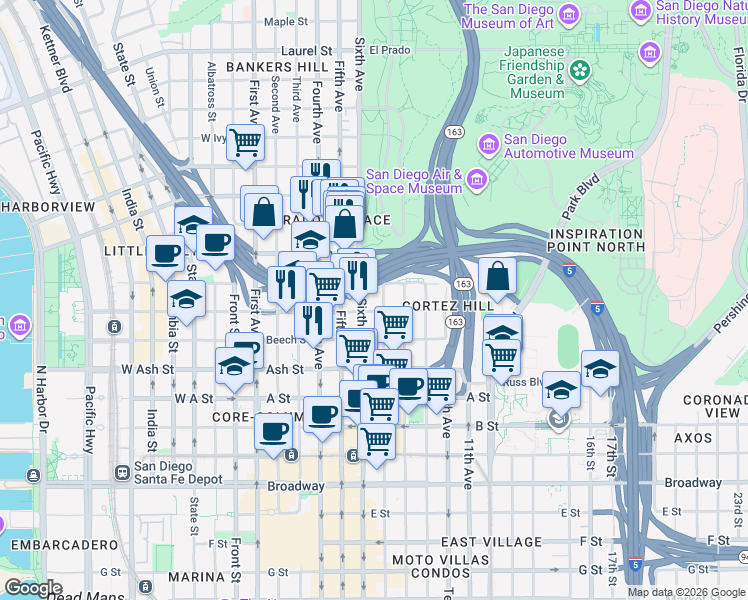 map of restaurants, bars, coffee shops, grocery stores, and more near 1643 Sixth Avenue in San Diego