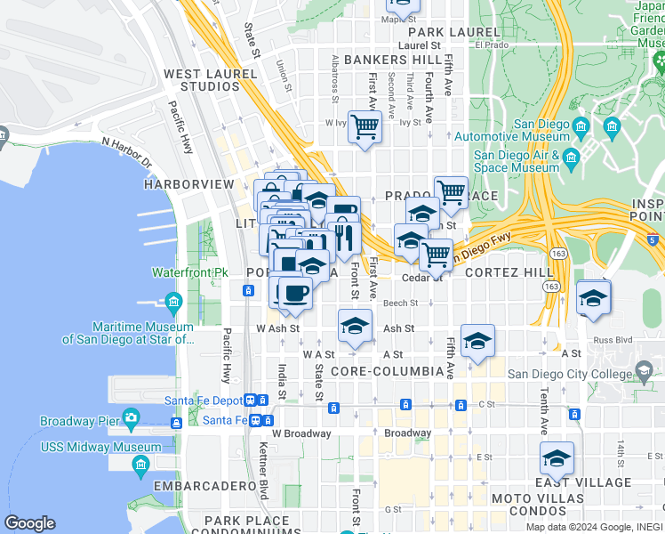 map of restaurants, bars, coffee shops, grocery stores, and more near 1631 State Street in San Diego