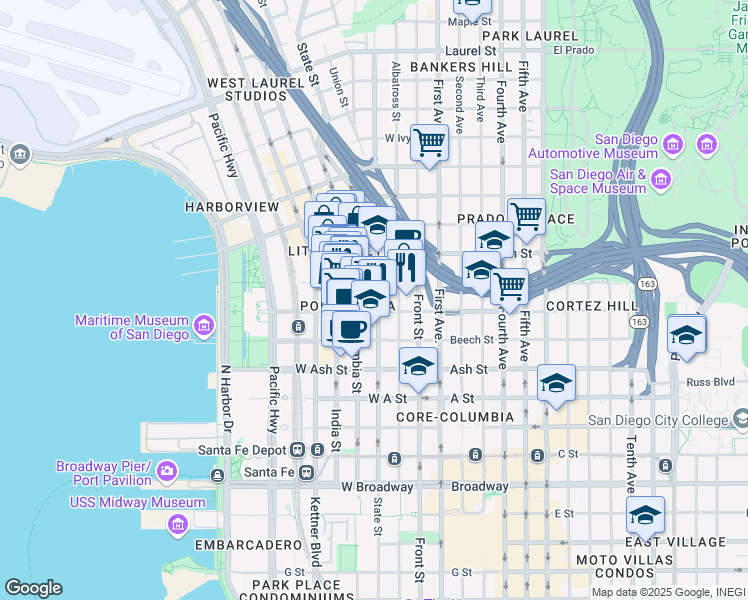map of restaurants, bars, coffee shops, grocery stores, and more near 1631 State Street in San Diego