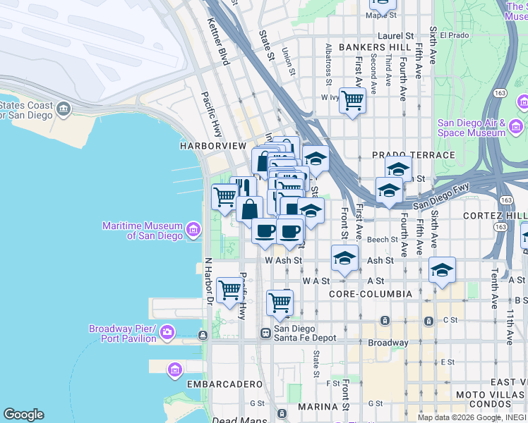 map of restaurants, bars, coffee shops, grocery stores, and more near 1670 Kettner Boulevard in San Diego