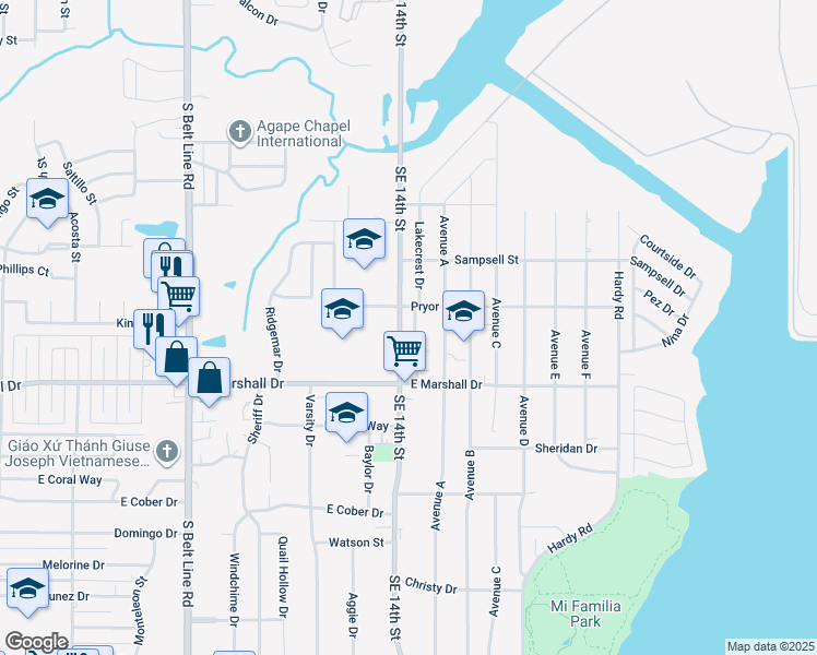 map of restaurants, bars, coffee shops, grocery stores, and more near 1706K Southeast 14th Street in Grand Prairie