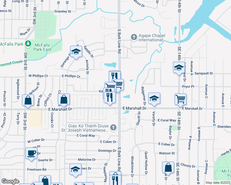 map of restaurants, bars, coffee shops, grocery stores, and more near 1673 South Belt Line Road in Grand Prairie