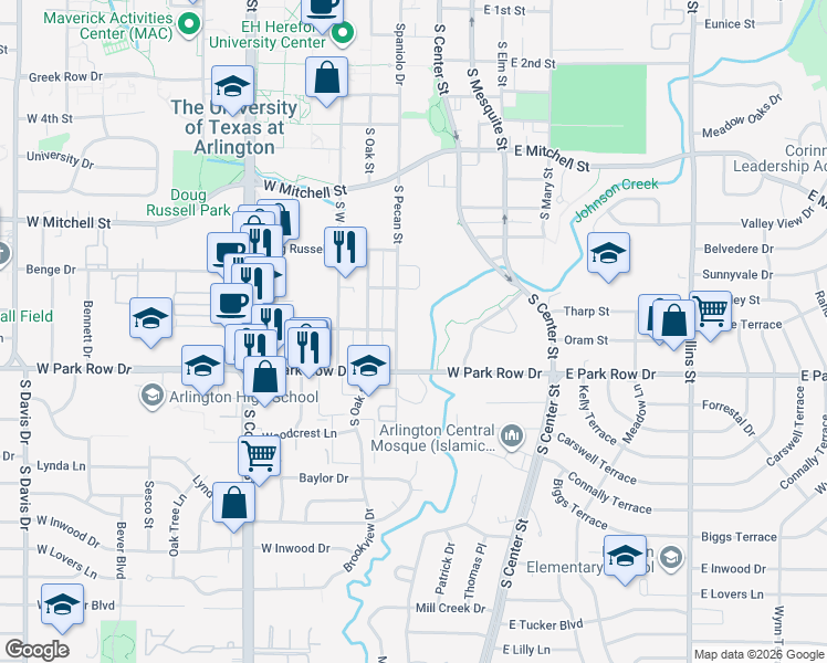 map of restaurants, bars, coffee shops, grocery stores, and more near 1335 South Pecan Street in Arlington
