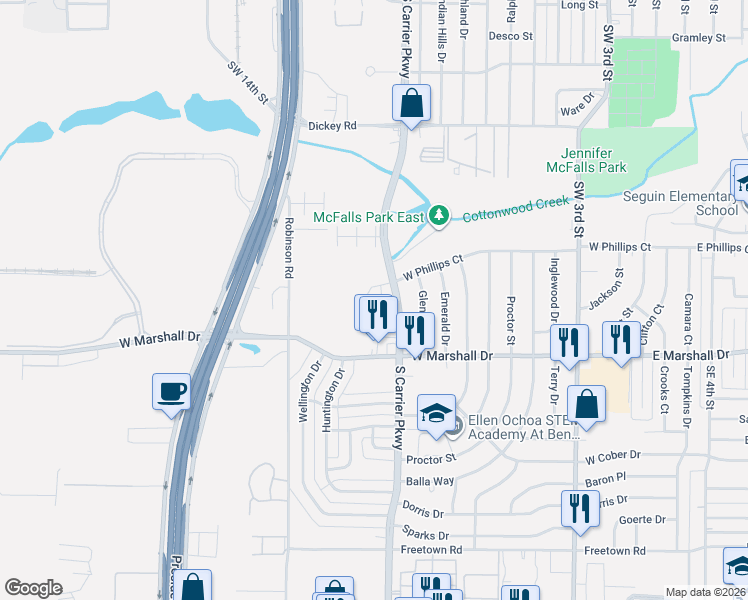 map of restaurants, bars, coffee shops, grocery stores, and more near 1720 South Carrier Parkway in Grand Prairie