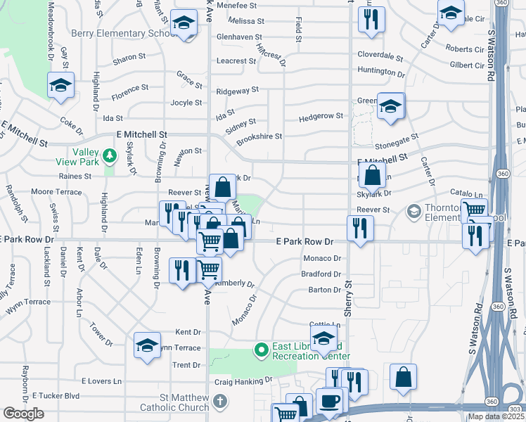 map of restaurants, bars, coffee shops, grocery stores, and more near 1311 Hillcrest Drive in Arlington