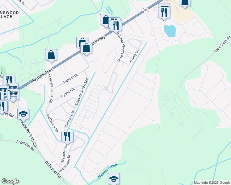map of restaurants, bars, coffee shops, grocery stores, and more near 3446 Acorn Drop Lane in Johns Island