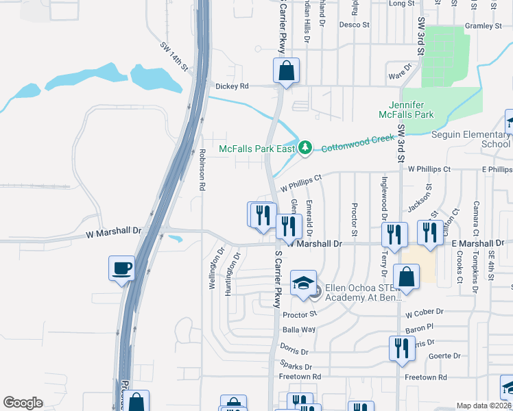 map of restaurants, bars, coffee shops, grocery stores, and more near 1720 South Carrier Parkway in Grand Prairie