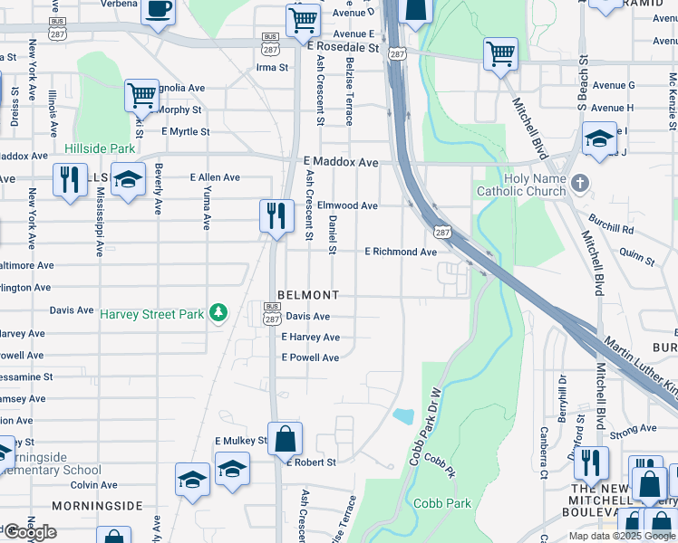 map of restaurants, bars, coffee shops, grocery stores, and more near 2016 Belzise Terrace in Fort Worth