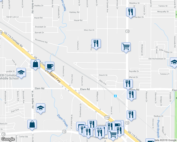map of restaurants, bars, coffee shops, grocery stores, and more near 7702 Rayville Drive in Dallas