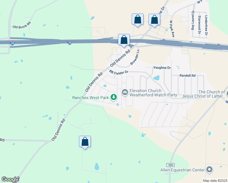 map of restaurants, bars, coffee shops, grocery stores, and more near 2425 Old Dennis Road in Weatherford