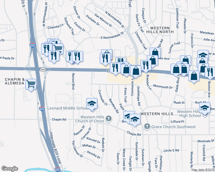 map of restaurants, bars, coffee shops, grocery stores, and more near 8733 Guadalupe Road in Fort Worth