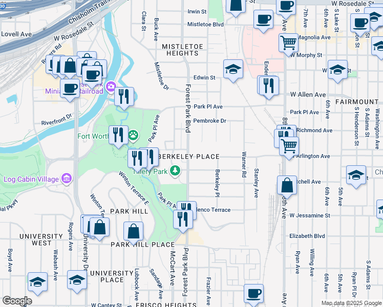 map of restaurants, bars, coffee shops, grocery stores, and more near 2005 Forest Park Boulevard in Fort Worth